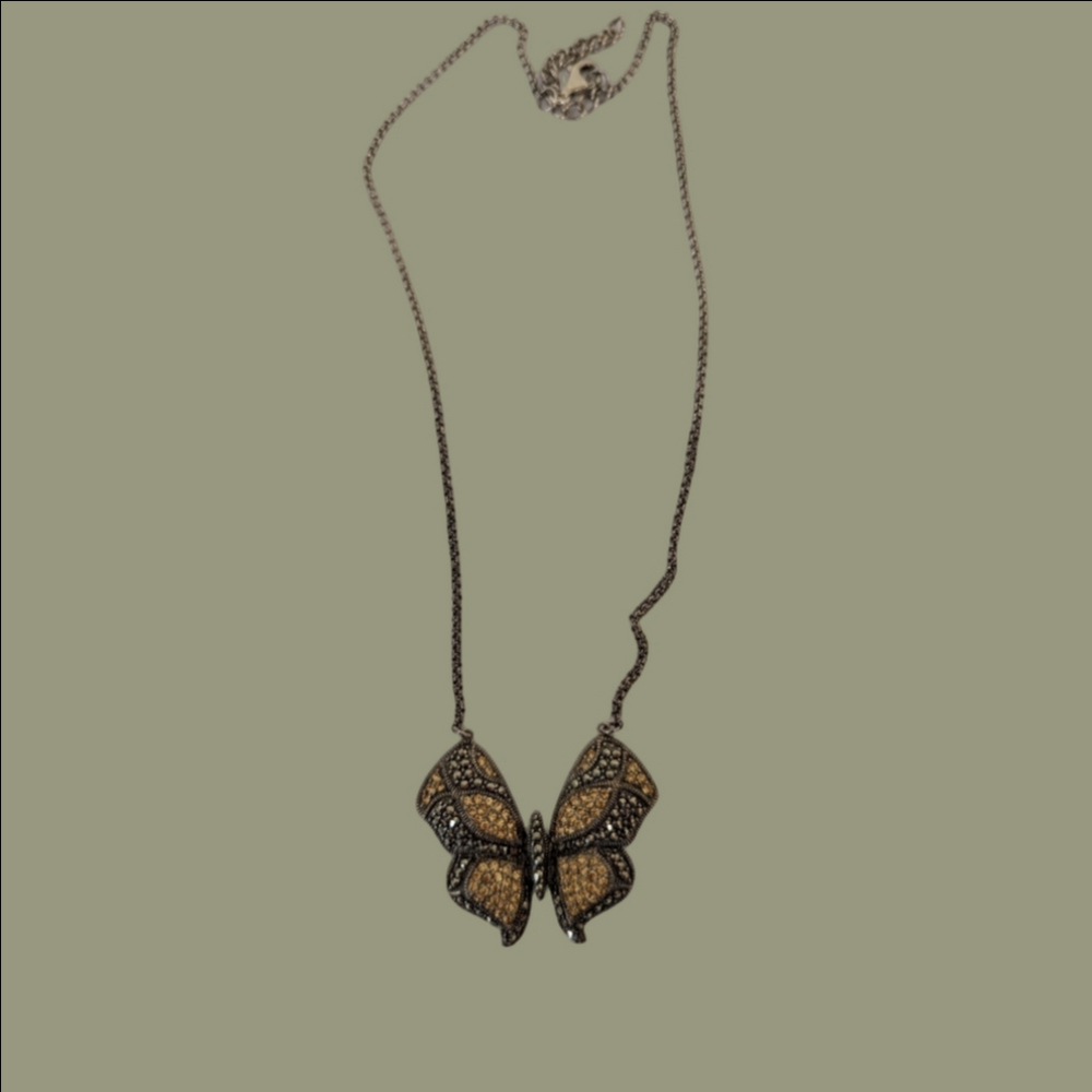 Necklace Sterling Silver 925 Marcasite Two Tone Butterfly Pendant